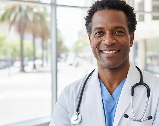 A doctor wearing a white coat and stethoscope stands indoors with large windows and a cityscape visible in the background.