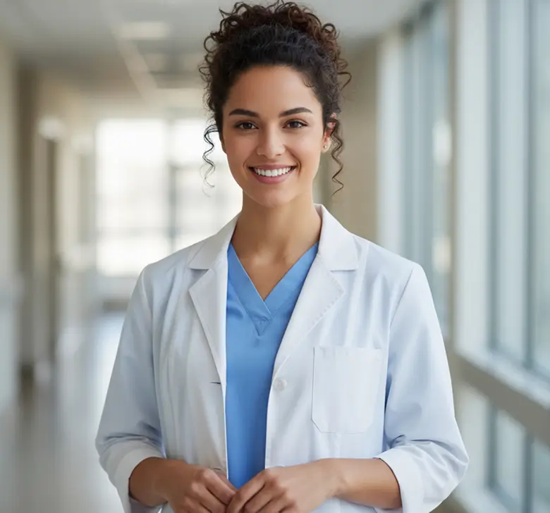 A woman in a lab coat and blue scrubs stands smiling in a brightly lit hospital corridor.