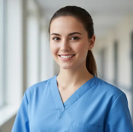 A young woman wearing blue medical scrubs stands in a well-lit hallway, smiling at the camera.