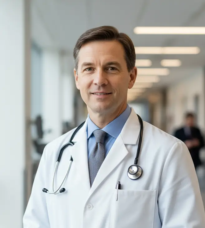 A male doctor wearing a white coat, dress shirt, and tie, with a stethoscope around his neck, stands in a bright hospital corridor.