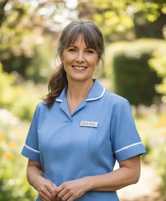 A woman in a blue nurse uniform with a name tag stands outdoors, smiling, with greenery and sunlight in the background.