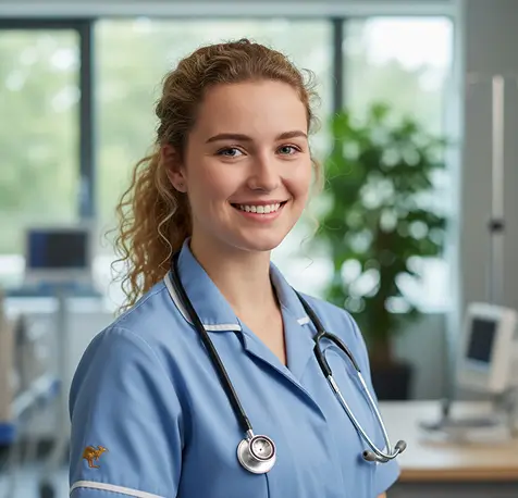 A nurse wearing a blue uniform and stethoscope smiles in a medical office with equipment and greenery in the background.