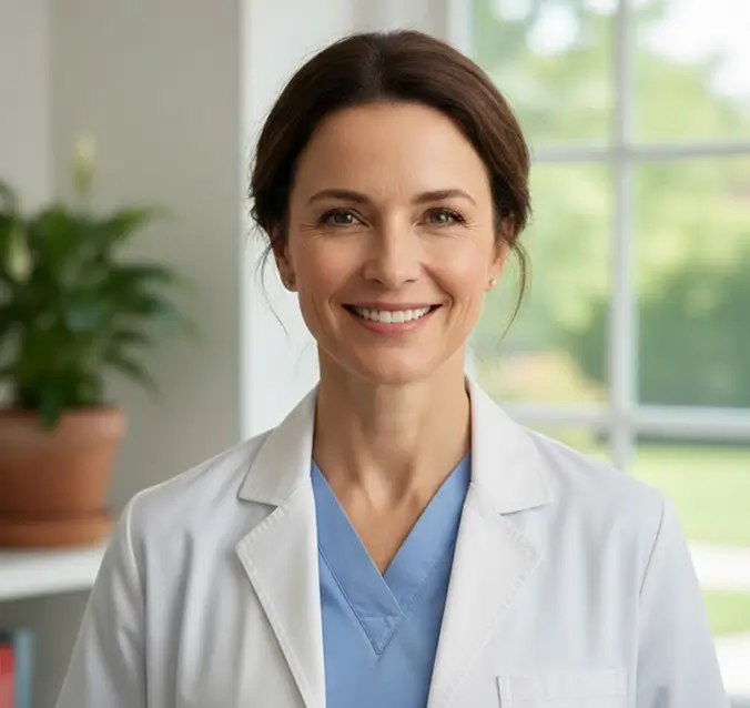 A woman in a white lab coat and blue scrubs smiles while standing indoors near a window with greenery visible outside.