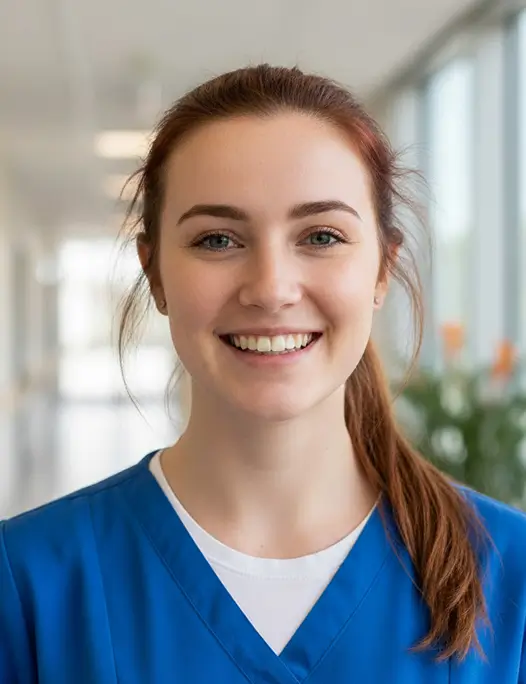A young woman in blue medical scrubs smiles while standing in a bright hallway with large windows in the background.